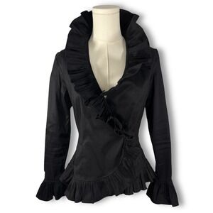 Isadora Black Taffeta Ruffle Wrap Jacket Small Long Sleeve Tailored Evening Coat